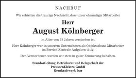 Traueranzeige August Kölnberger
