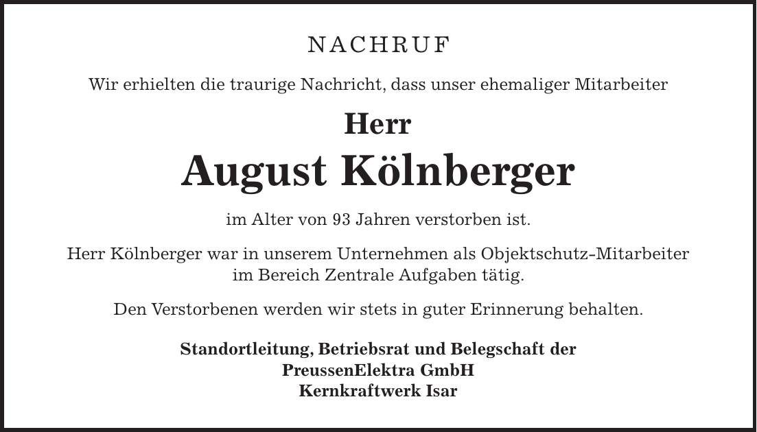 Traueranzeige August Kölnberger