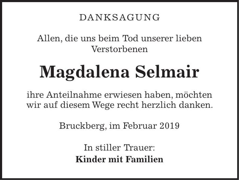 Traueranzeige Magdalena Selmair