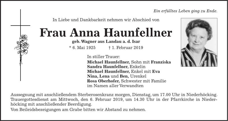 Traueranzeige Anna Haunfallner