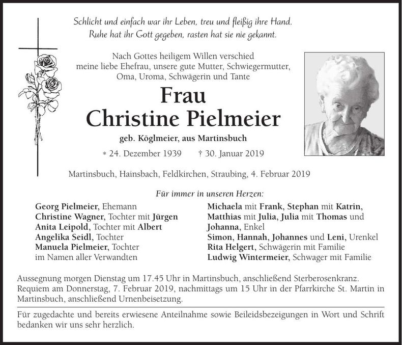 Traueranzeige Christine Pielmeier