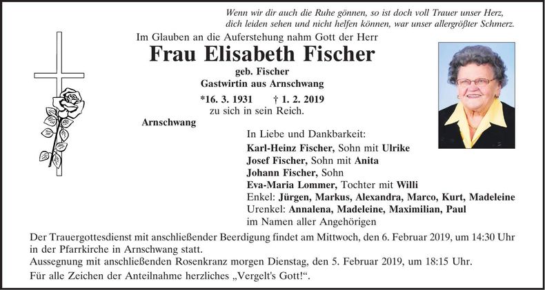 Traueranzeige Elisabeth Fischer