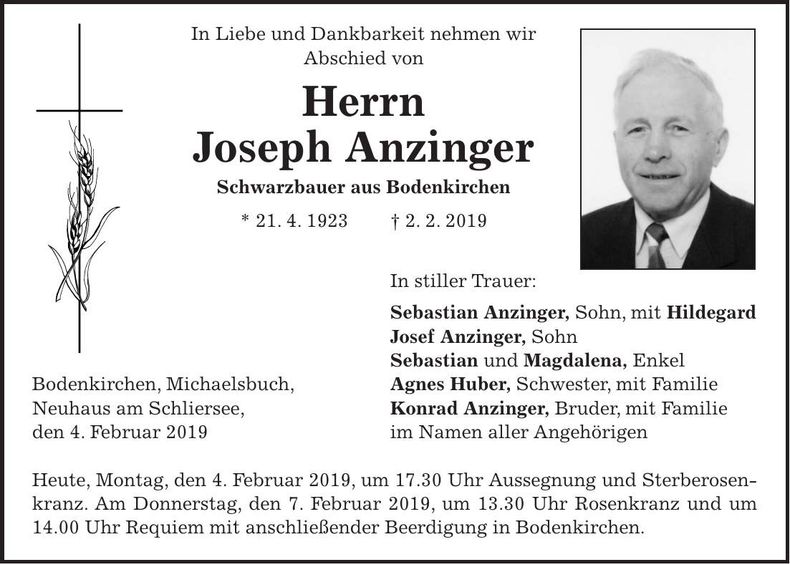 Traueranzeige Joseph Anzinger