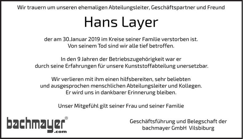 Traueranzeige Hans Layer