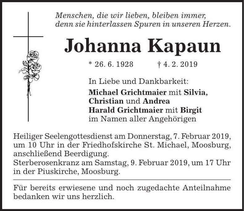 Traueranzeige Johanna Kapaun
