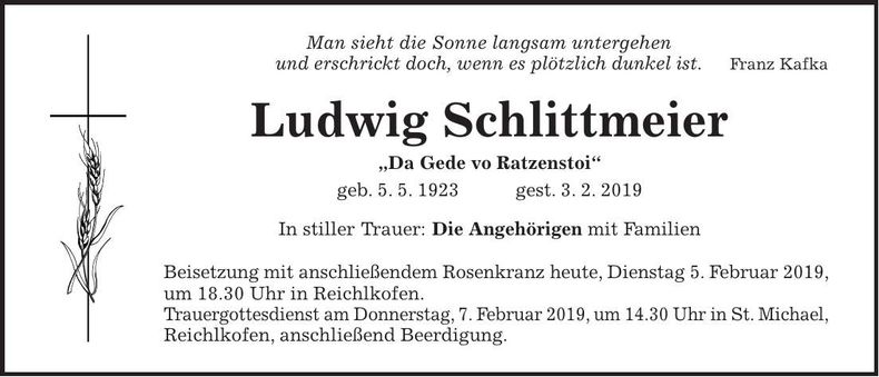 Traueranzeige Ludwig Schlittmeier