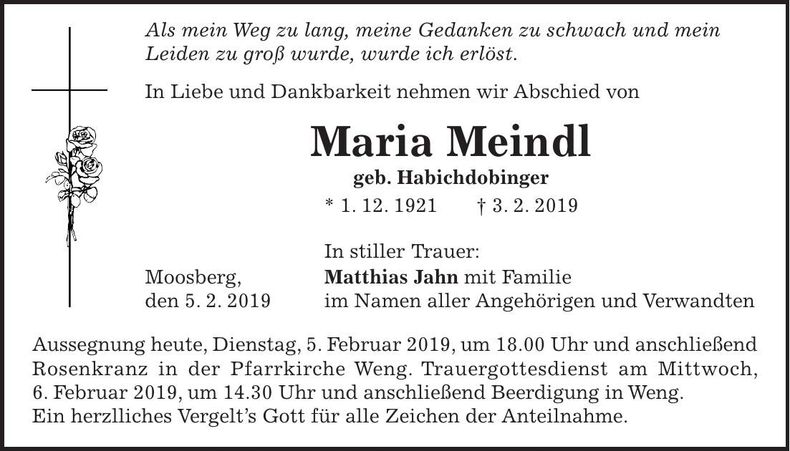 Traueranzeige Maria Meindl