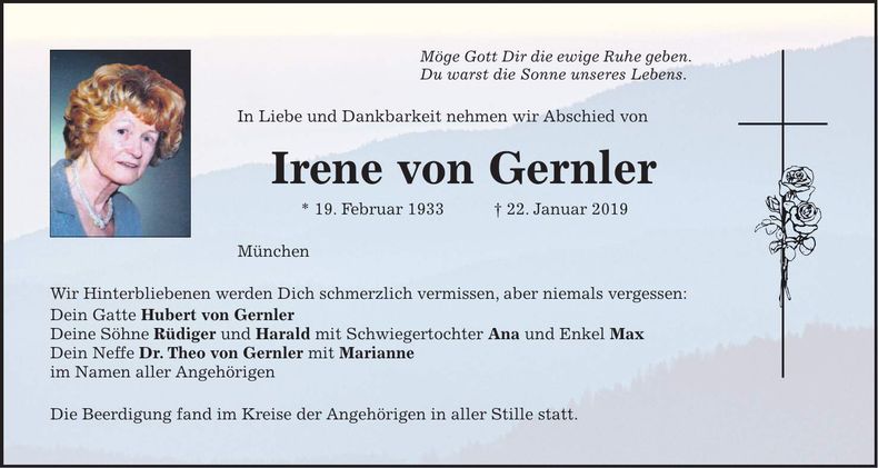 Traueranzeige Irene von Gernler