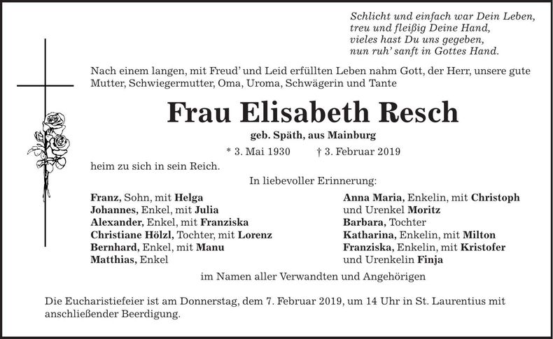 Traueranzeige Elisabeth Resch