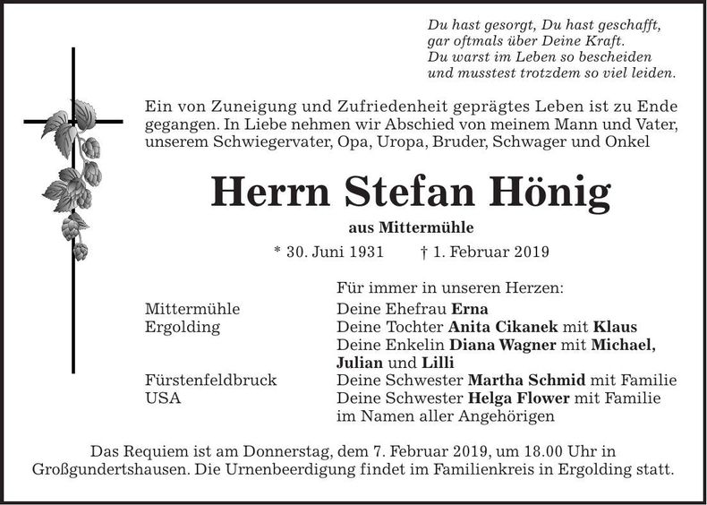 Traueranzeige Stefan Hönig