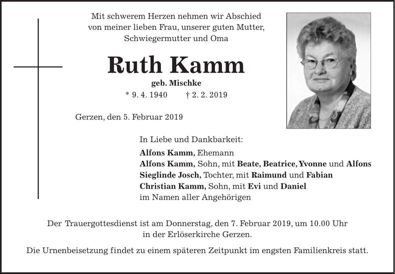 Traueranzeige Ruth Kamm