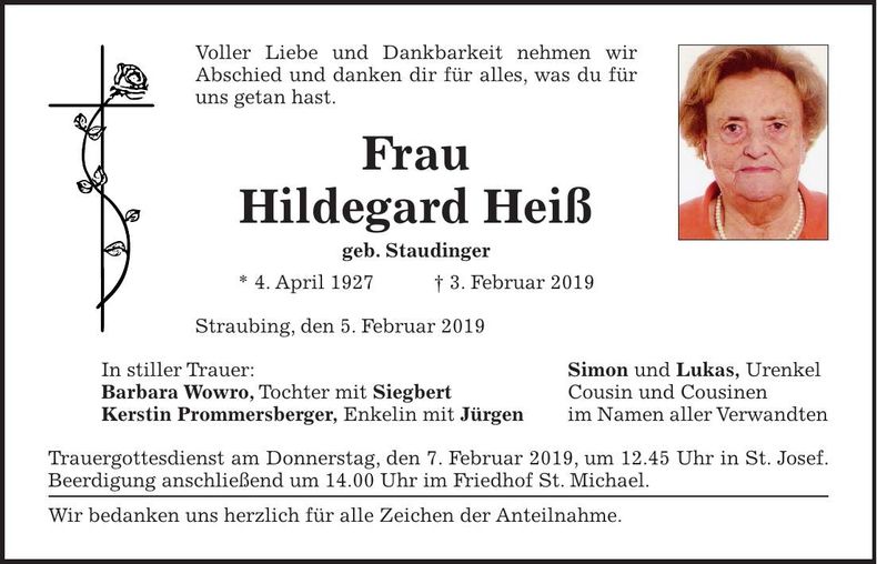 Traueranzeige Hildegard Heiß