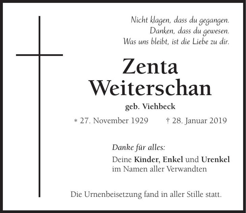 Traueranzeige Zenta Weiterschan