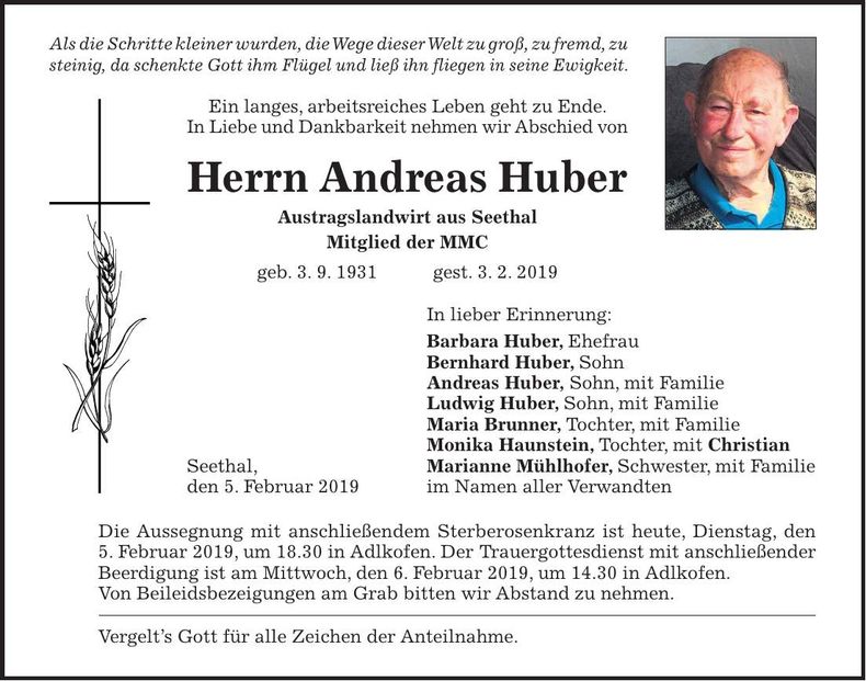 Traueranzeige Andreas Huber