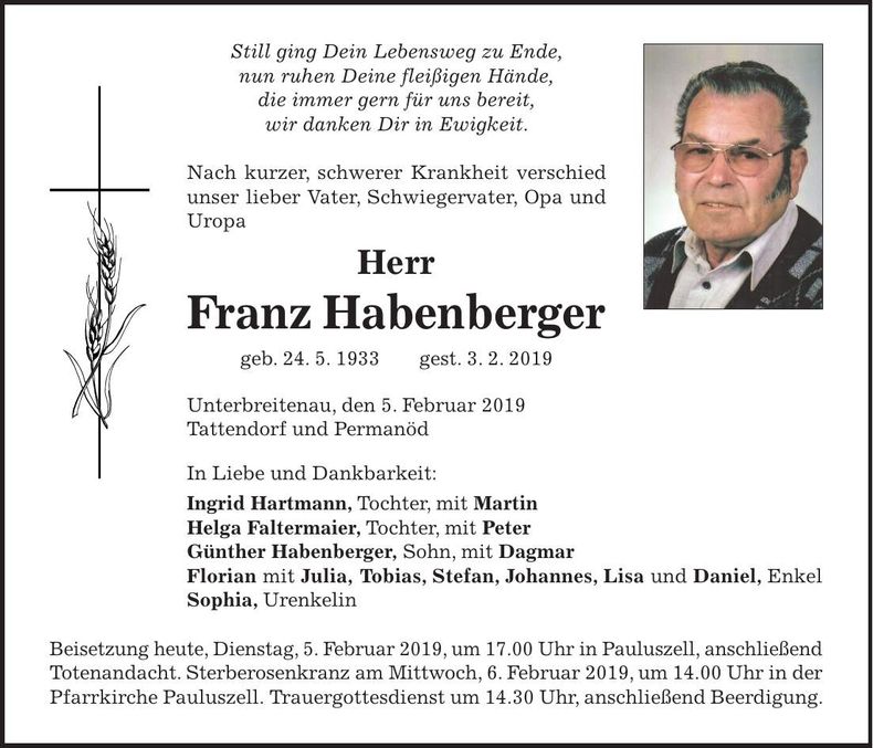 Traueranzeige Franz Habenberger