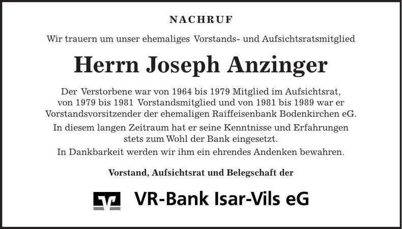 Traueranzeige Joseph Anzinger