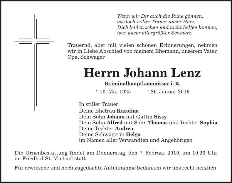 Traueranzeige Johann Lenz