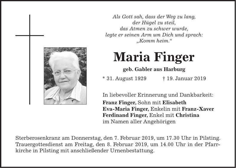Traueranzeige Maria Finger