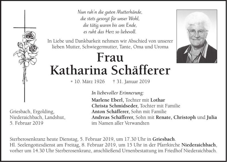 Traueranzeige Katharina Schäfferer