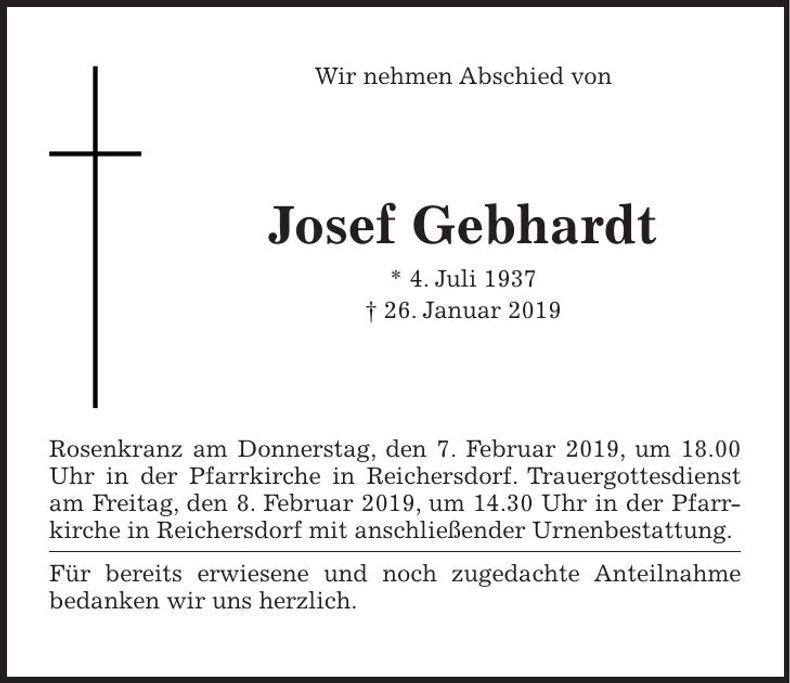 Traueranzeige Josef Gebhardt