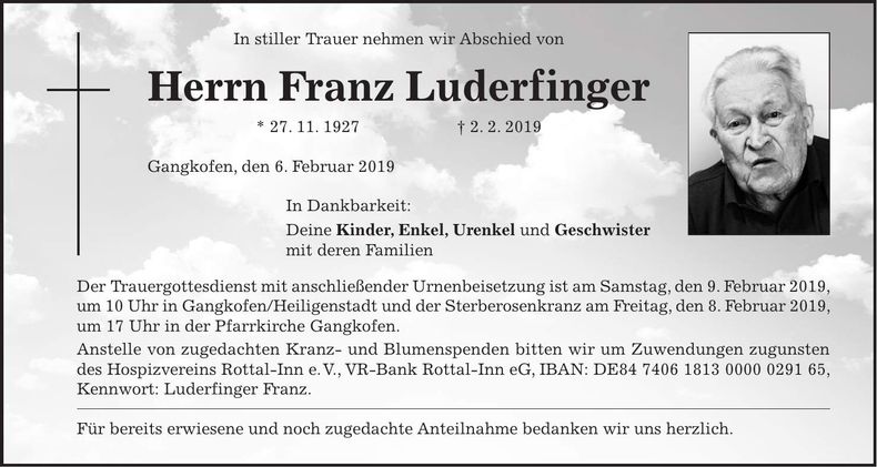 Traueranzeige Franz Luderfinger