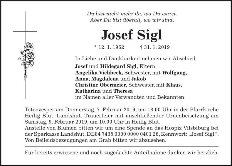 Traueranzeige Josef Sigl