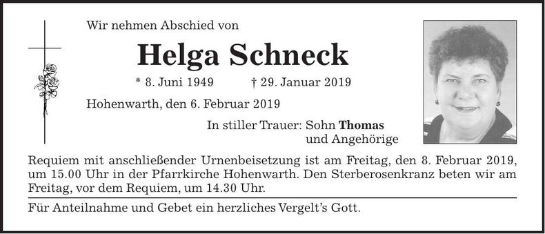 Traueranzeige Helga Schneck