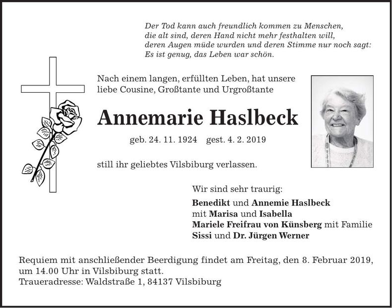 Traueranzeige Annemarie Haslbeck