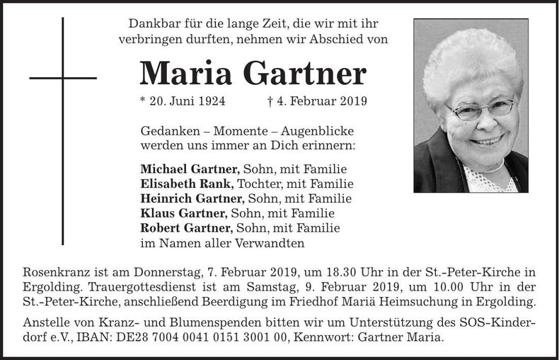Traueranzeige Maria Gartner