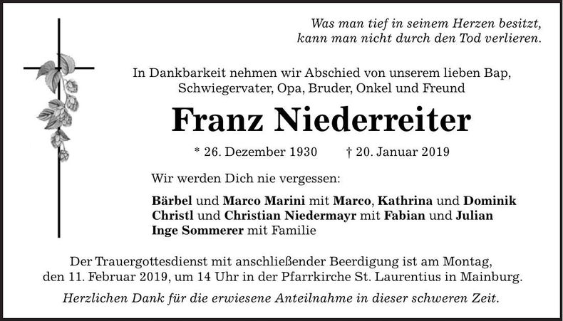 Traueranzeige Franz Niederreiter