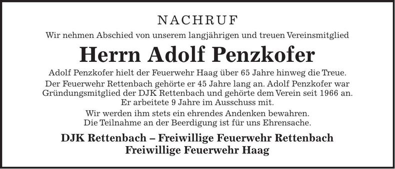 Traueranzeige Adolf Penzkofer