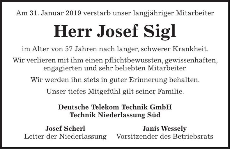 Traueranzeige Josef Sigl