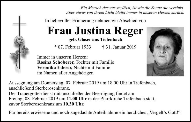 Traueranzeige Justina Reger