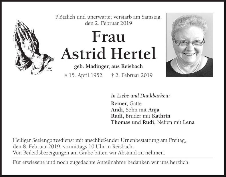 Traueranzeige Astrid Hertel