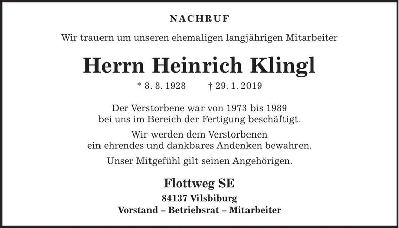 Traueranzeige Heinrich Klingl