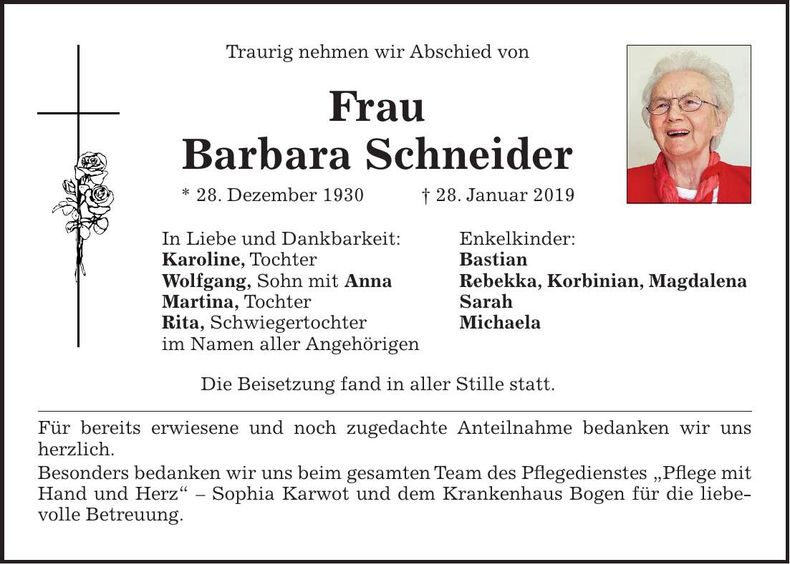 Traueranzeige Barbara Schneider