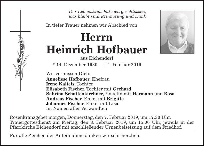 Traueranzeige Heinrich Hofbauer