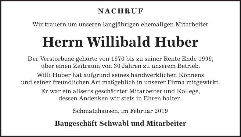Traueranzeige Willibald Huber