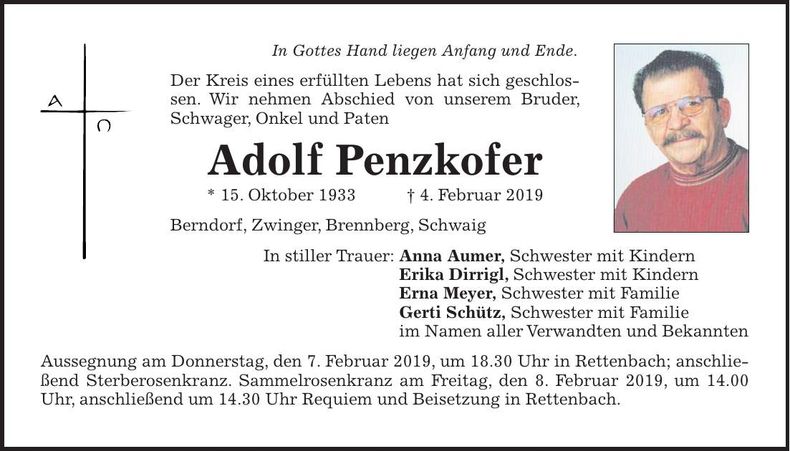Traueranzeige Adolf Penzkofer