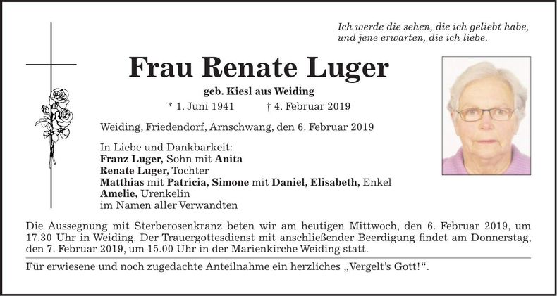 Traueranzeige Renate Luger