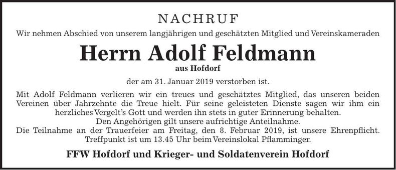 Traueranzeige Adolf Feldmann