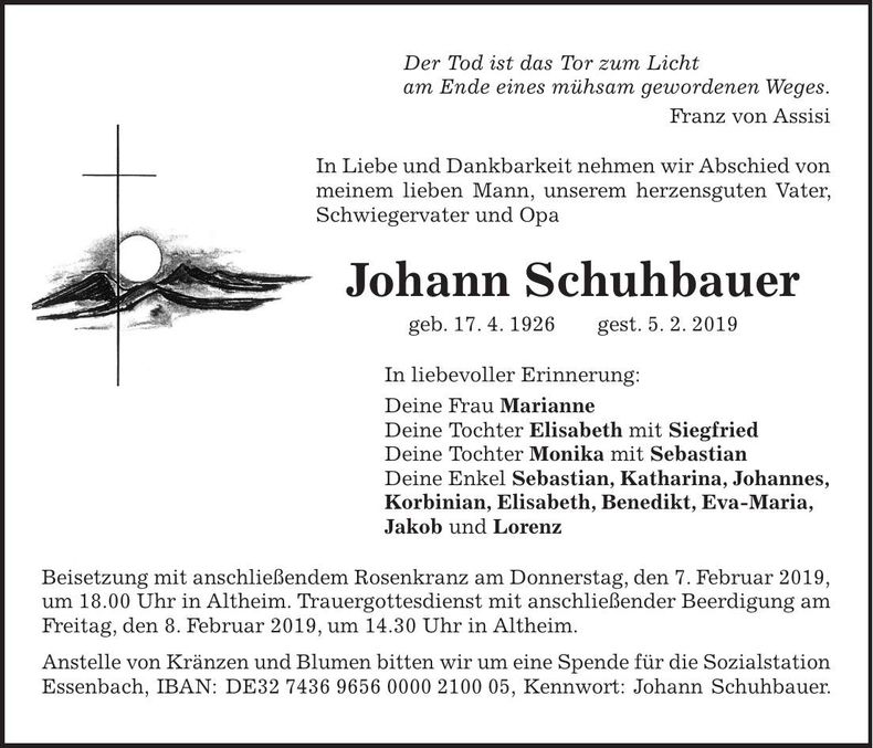 Traueranzeige Johann Schuhbauer