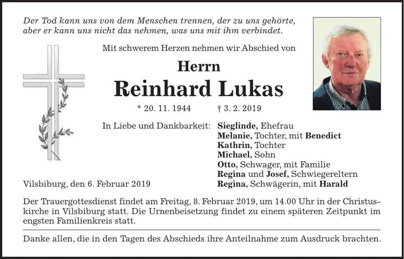 Traueranzeige Reinhard Lukas