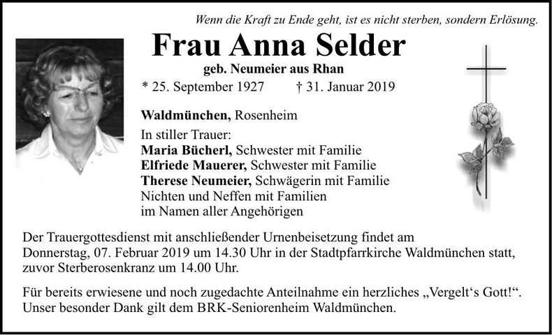 Traueranzeige Anna Selder