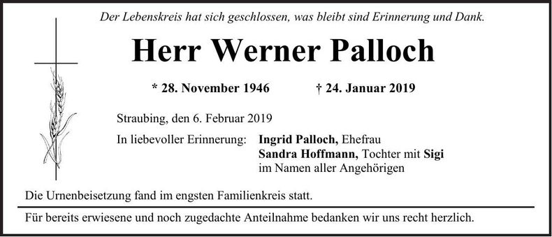 Traueranzeige Werner Palloch