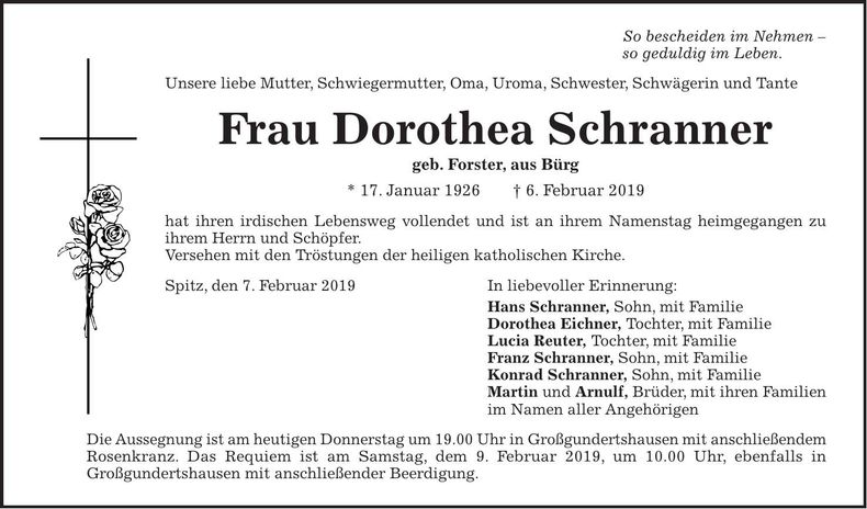 Traueranzeige Dorothea Schranner