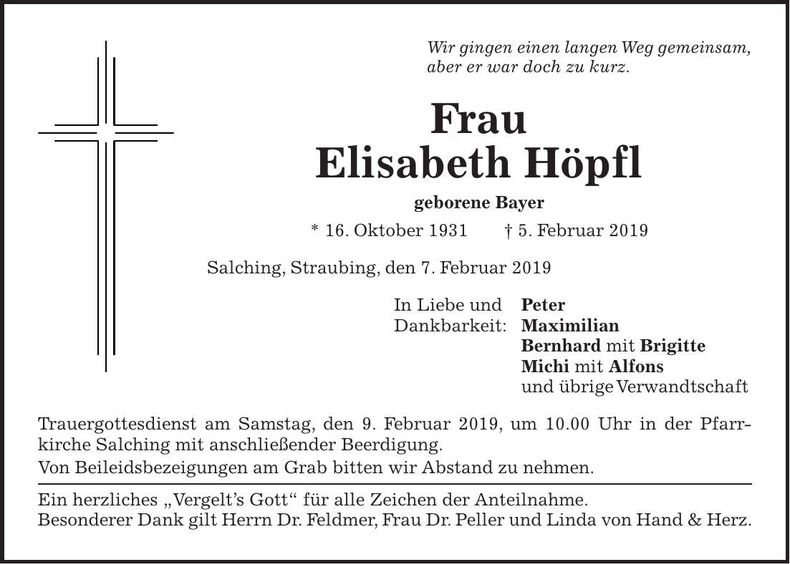 Traueranzeige Eliabeth Höpfl