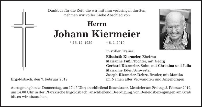 Traueranzeige Johann Kiermeier