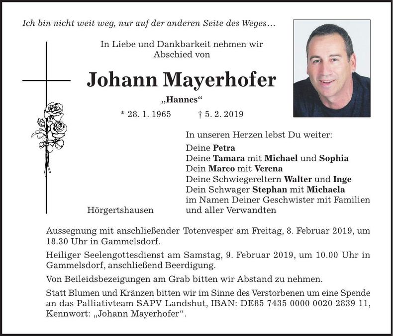 Traueranzeige Johann Mayerhofer