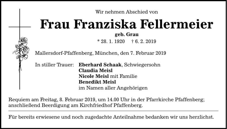 Traueranzeige Franziska Fellermeier